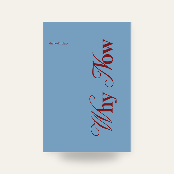 A book cover for 'Why Now: the health diary.' featuring a muted blue background with vertical dark red script title text and small red subtitle text near the top left, shown against a light beige background with a soft drop shadow.